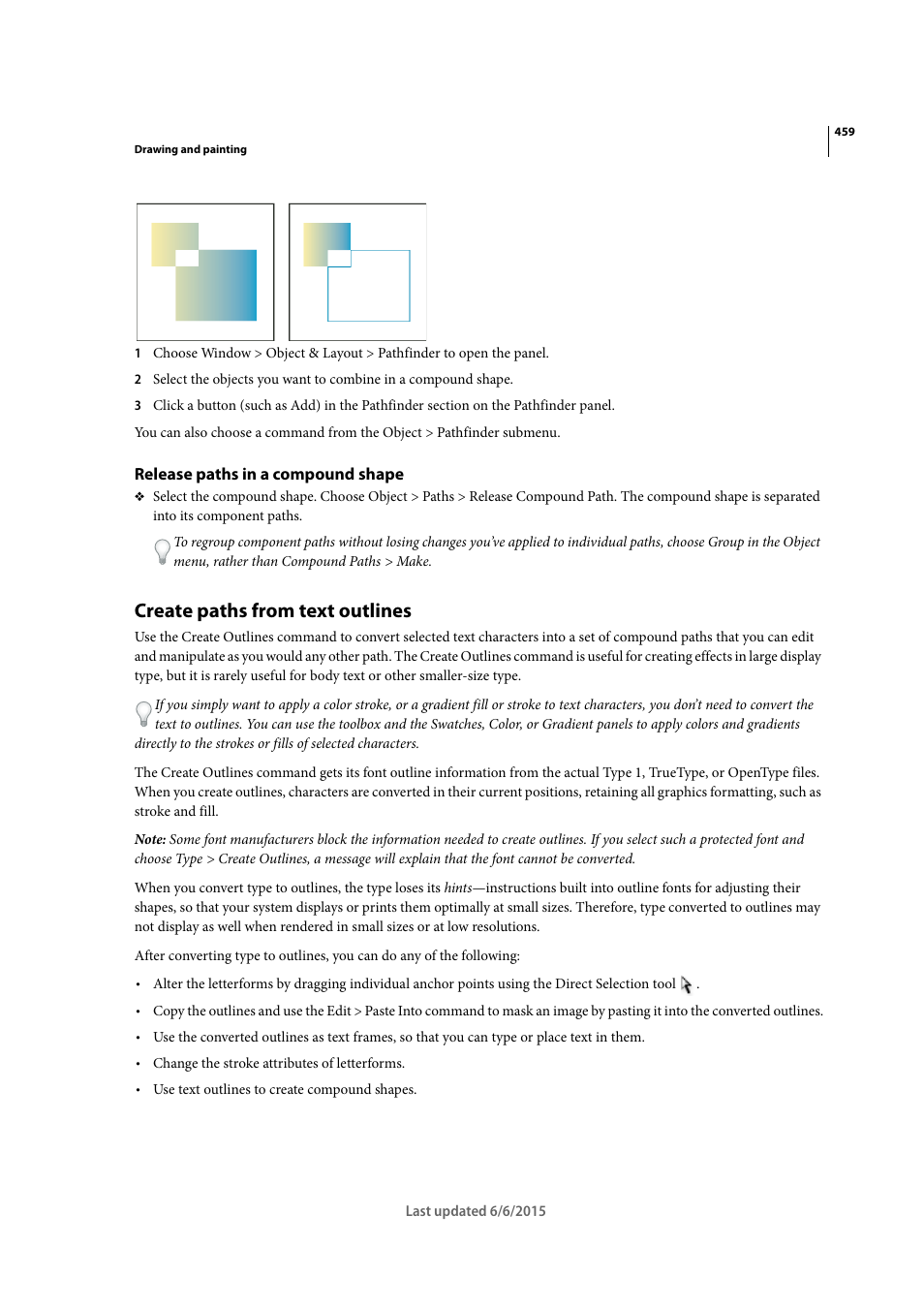 Release paths in a compound shape, Create paths from text outlines | Adobe InDesign CC 2015 User Manual | Page 464 / 643