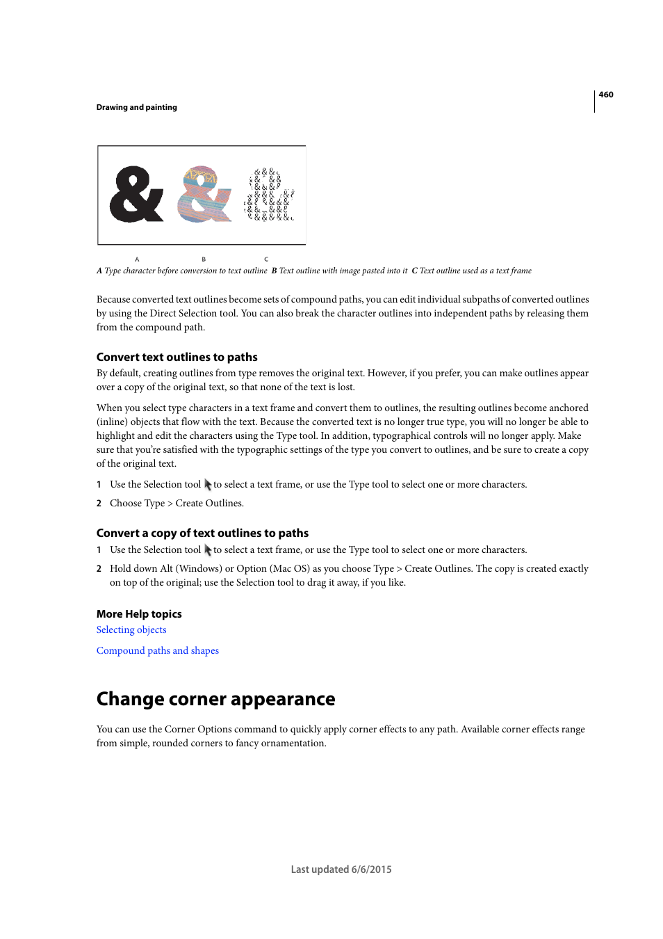 Convert text outlines to paths, Convert a copy of text outlines to paths, Change corner appearance | Adobe InDesign CC 2015 User Manual | Page 465 / 643