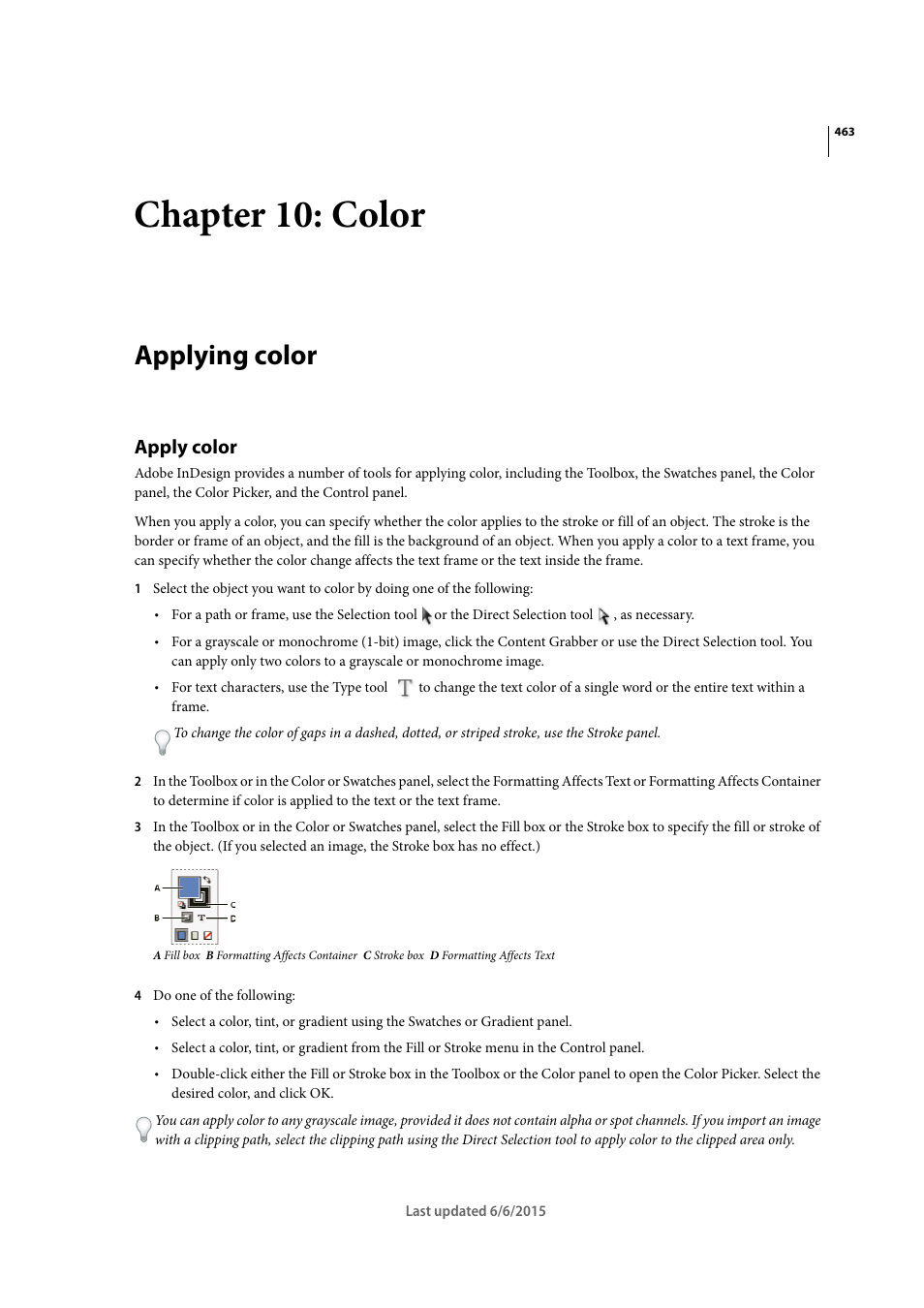 Chapter 10: color, Applying color, Apply color | Adobe InDesign CC 2015 User Manual | Page 468 / 643