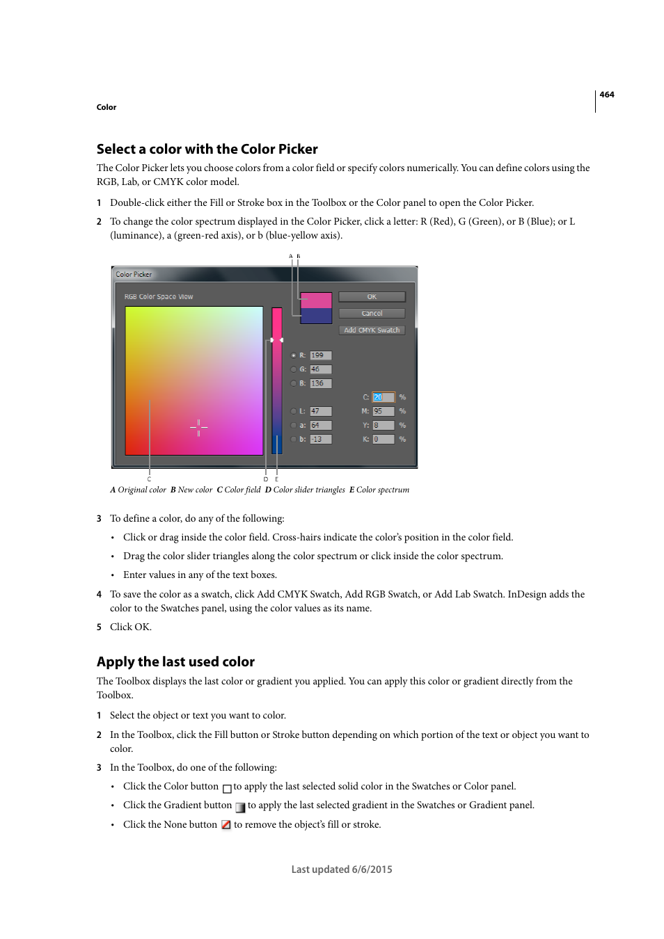 Select a color with the color picker, Apply the last used color | Adobe InDesign CC 2015 User Manual | Page 469 / 643