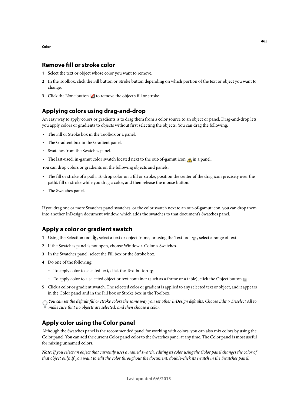 Remove fill or stroke color, Applying colors using drag-and-drop, Apply a color or gradient swatch | Apply color using the color panel | Adobe InDesign CC 2015 User Manual | Page 470 / 643