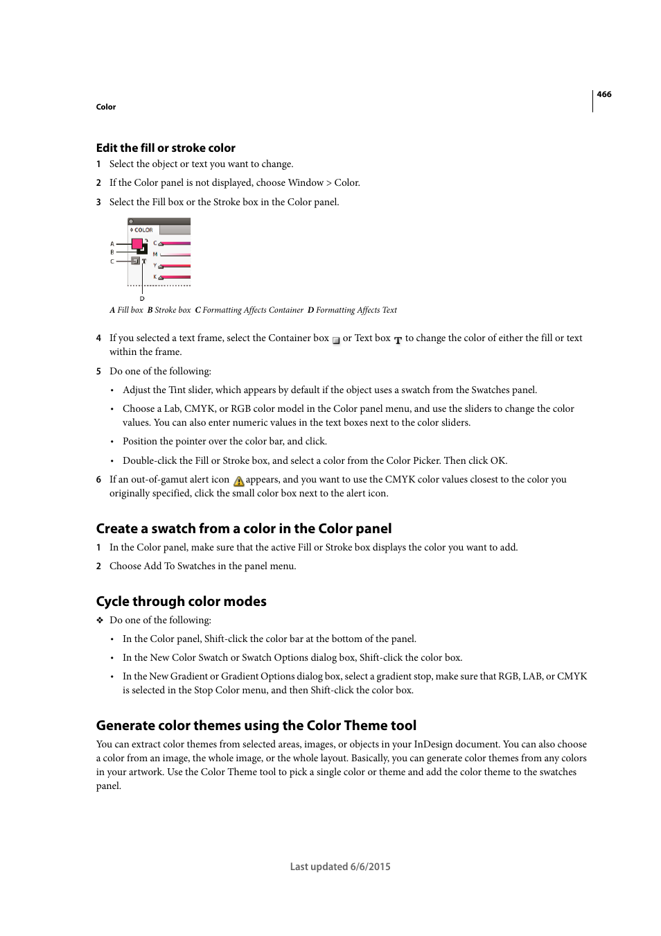 Edit the fill or stroke color, Create a swatch from a color in the color panel, Cycle through color modes | Generate color themes using the color theme tool | Adobe InDesign CC 2015 User Manual | Page 471 / 643