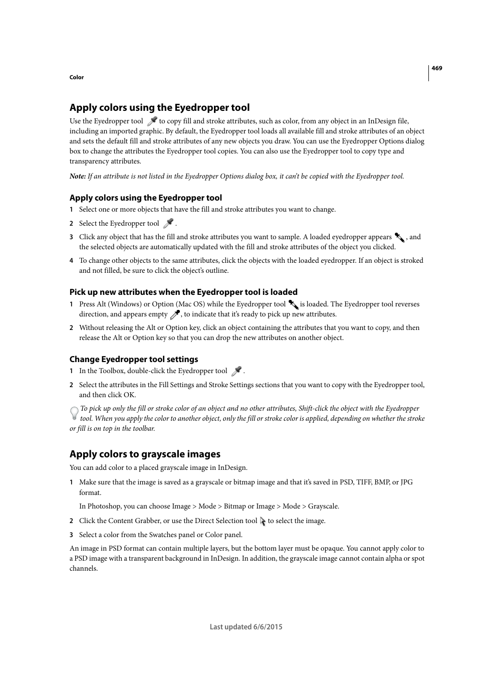 Apply colors using the eyedropper tool, Change eyedropper tool settings, Apply colors to grayscale images | Adobe InDesign CC 2015 User Manual | Page 474 / 643