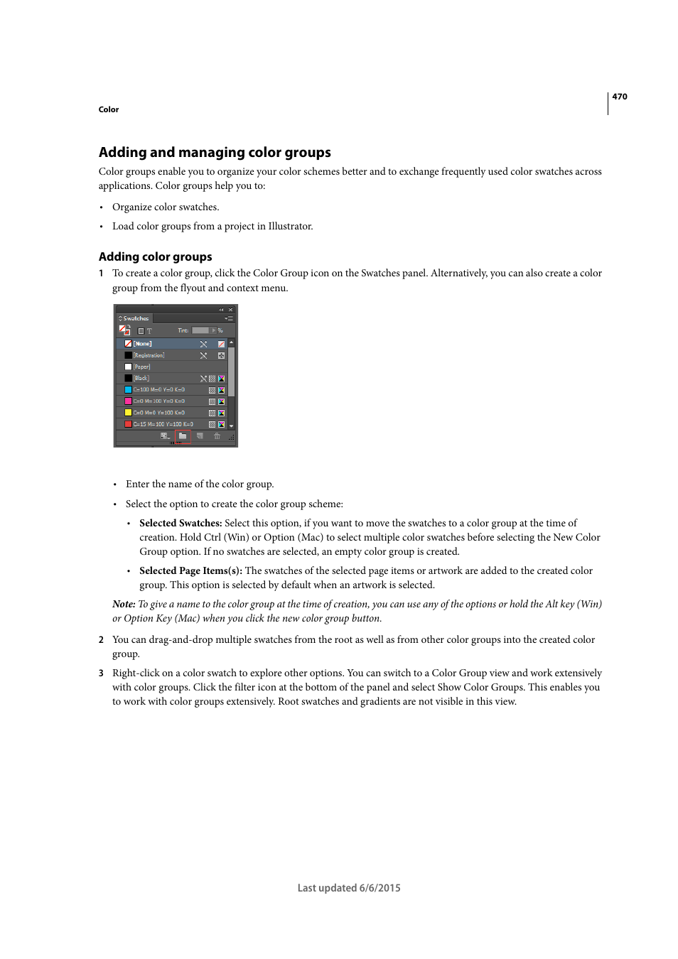 Adding and managing color groups, Adding color groups | Adobe InDesign CC 2015 User Manual | Page 475 / 643