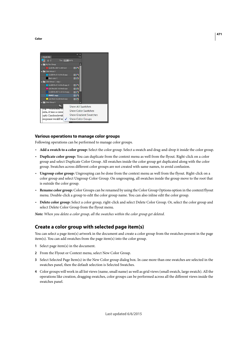 Various operations to manage color groups, Create a color group with selected page item(s) | Adobe InDesign CC 2015 User Manual | Page 476 / 643
