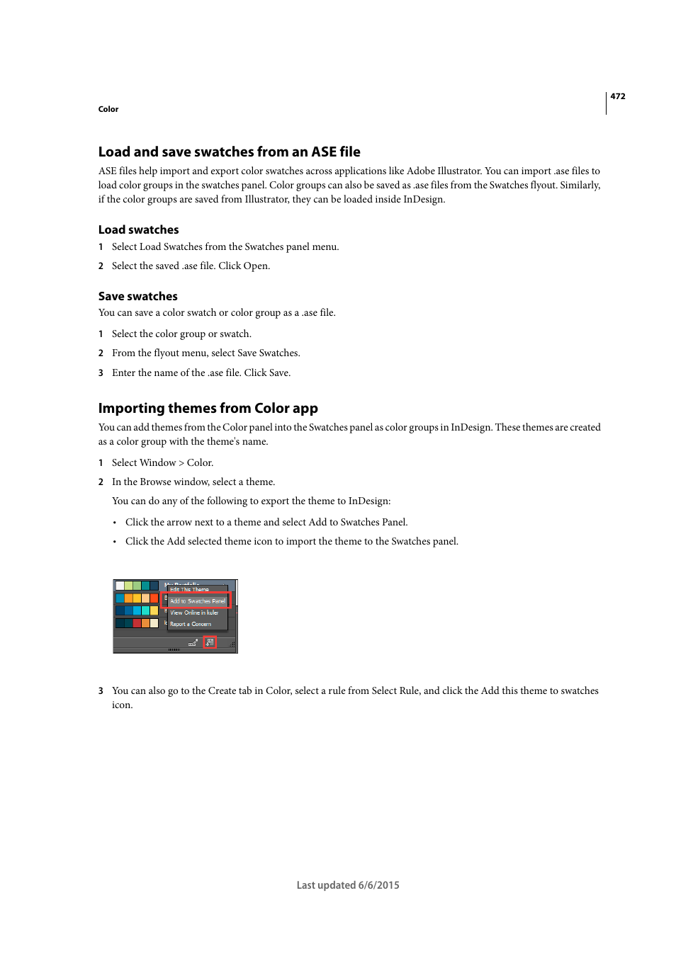 Load and save swatches from an ase file, Load swatches, Save swatches | Importing themes from color app | Adobe InDesign CC 2015 User Manual | Page 477 / 643