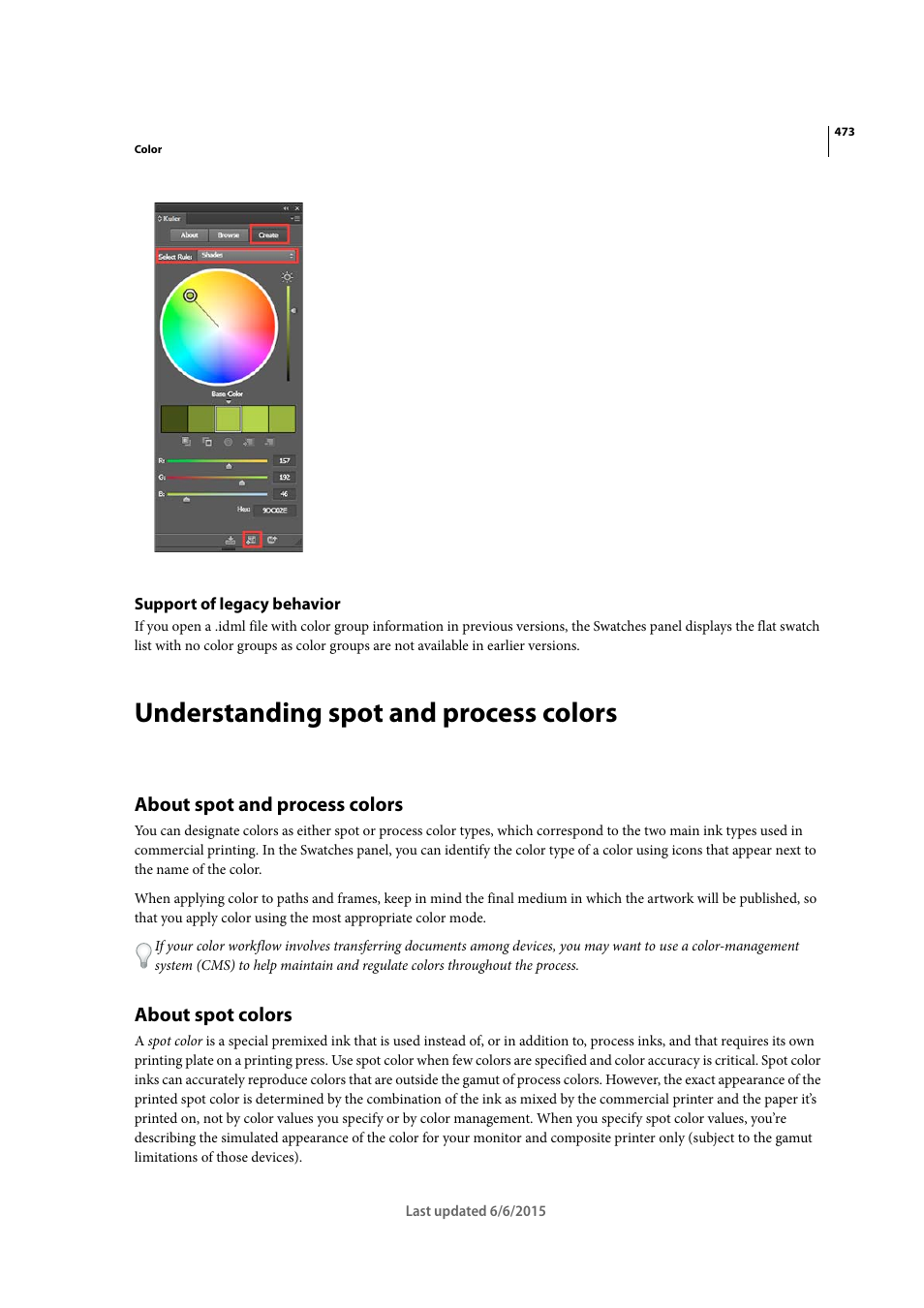 Support of legacy behavior, Understanding spot and process colors, About spot and process colors | About spot colors | Adobe InDesign CC 2015 User Manual | Page 478 / 643