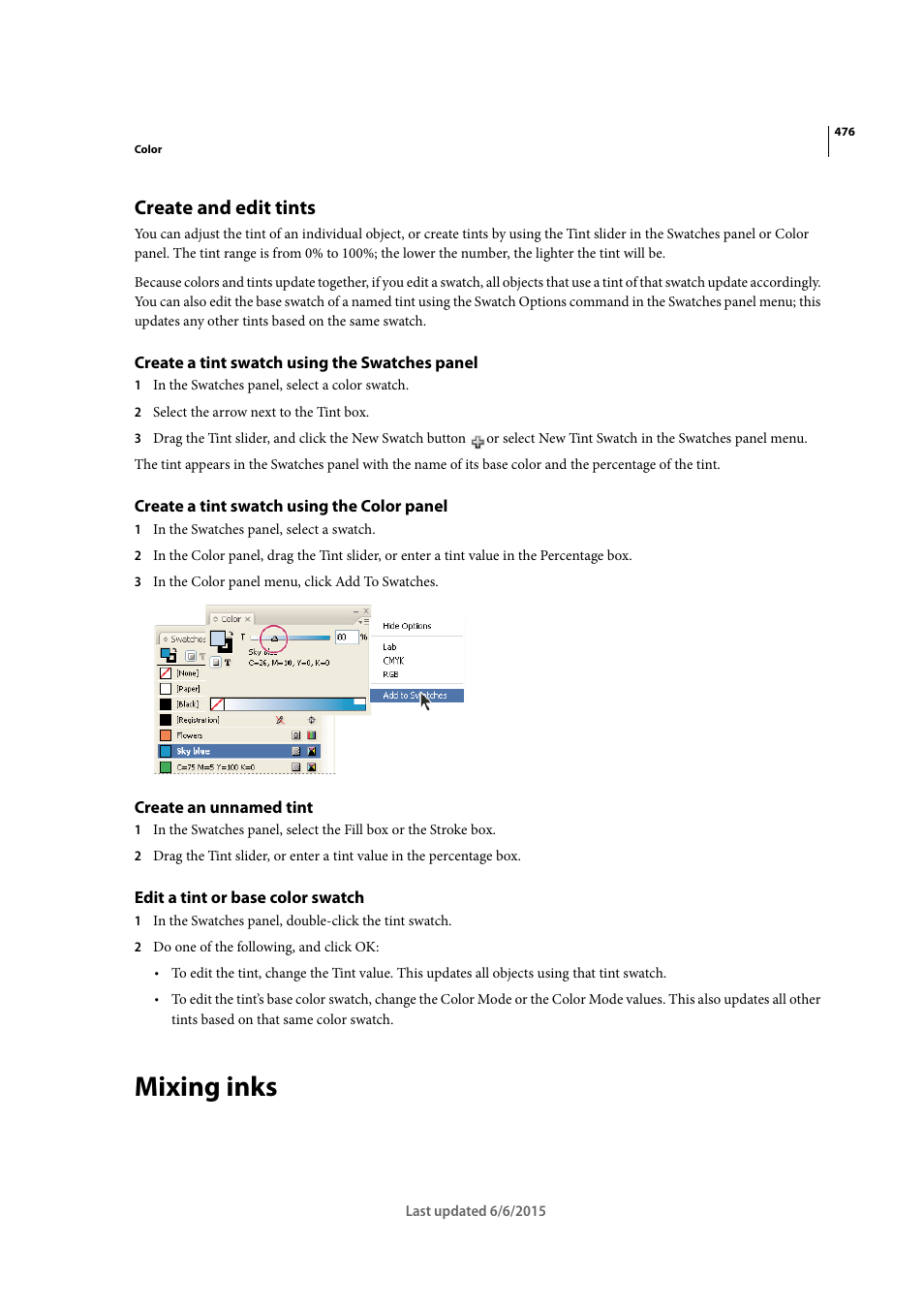 Create and edit tints, Create a tint swatch using the swatches panel, Create a tint swatch using the color panel | Create an unnamed tint, Edit a tint or base color swatch, Mixing inks | Adobe InDesign CC 2015 User Manual | Page 481 / 643