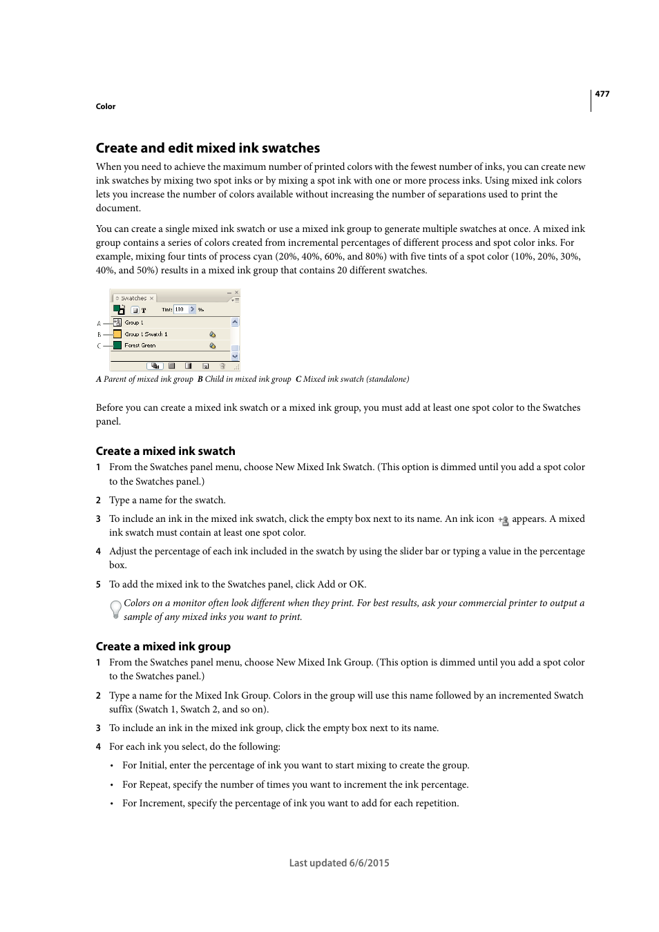 Create and edit mixed ink swatches, Create a mixed ink swatch, Create a mixed ink group | Adobe InDesign CC 2015 User Manual | Page 482 / 643