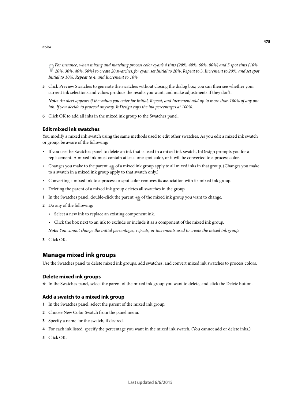 Edit mixed ink swatches, Manage mixed ink groups, Delete mixed ink groups | Add a swatch to a mixed ink group | Adobe InDesign CC 2015 User Manual | Page 483 / 643