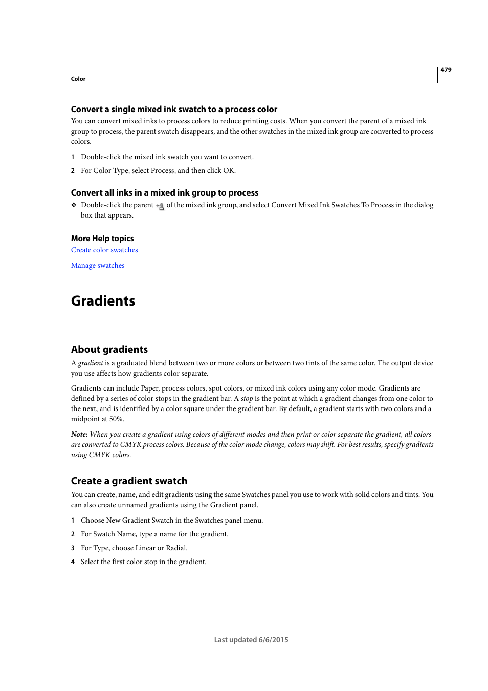 Convert all inks in a mixed ink group to process, Gradients, About gradients | Create a gradient swatch | Adobe InDesign CC 2015 User Manual | Page 484 / 643