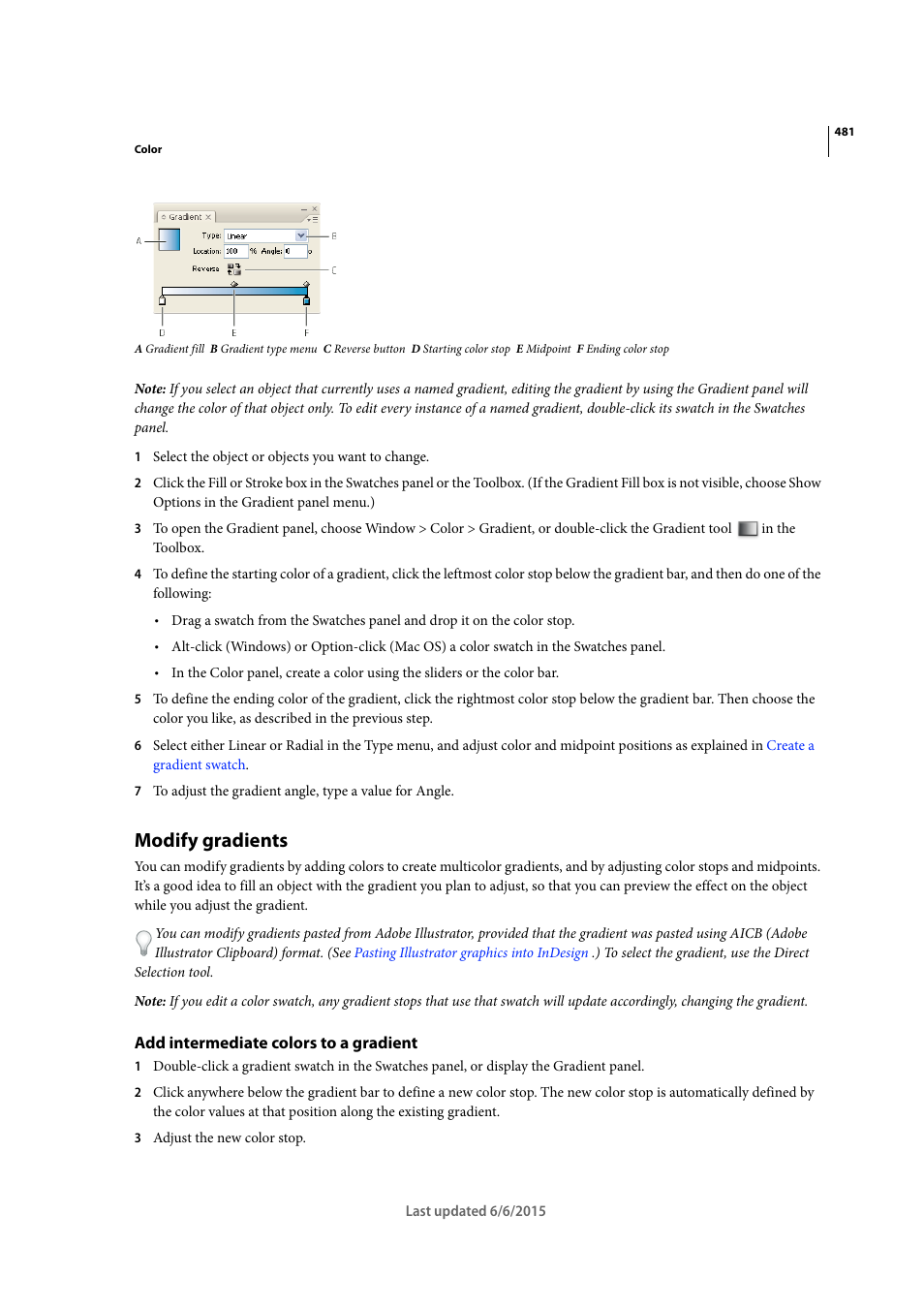 Modify gradients, Add intermediate colors to a gradient | Adobe InDesign CC 2015 User Manual | Page 486 / 643