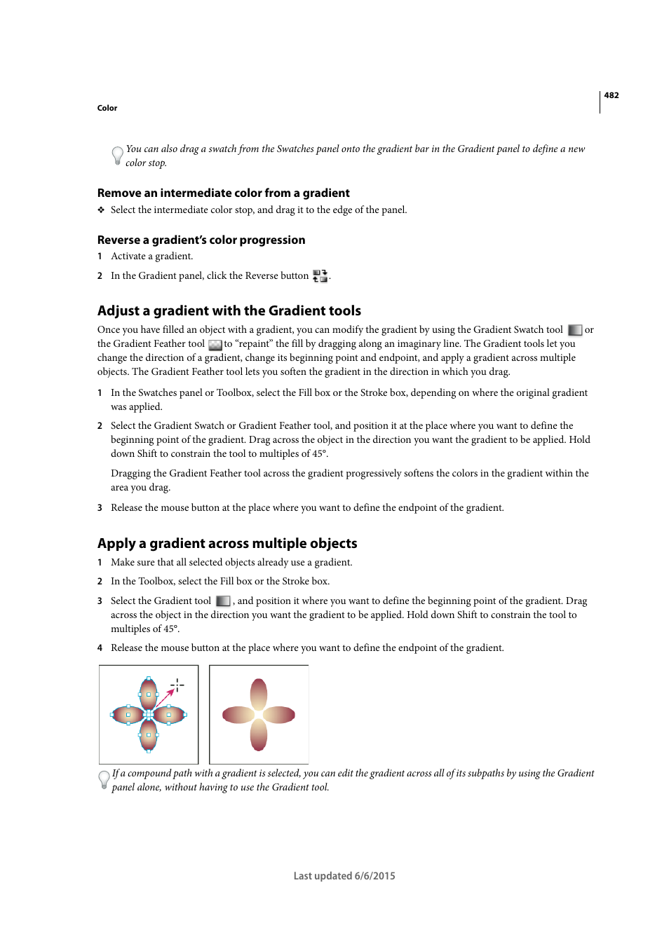 Remove an intermediate color from a gradient, Reverse a gradient’s color progression, Adjust a gradient with the gradient tools | Apply a gradient across multiple objects | Adobe InDesign CC 2015 User Manual | Page 487 / 643