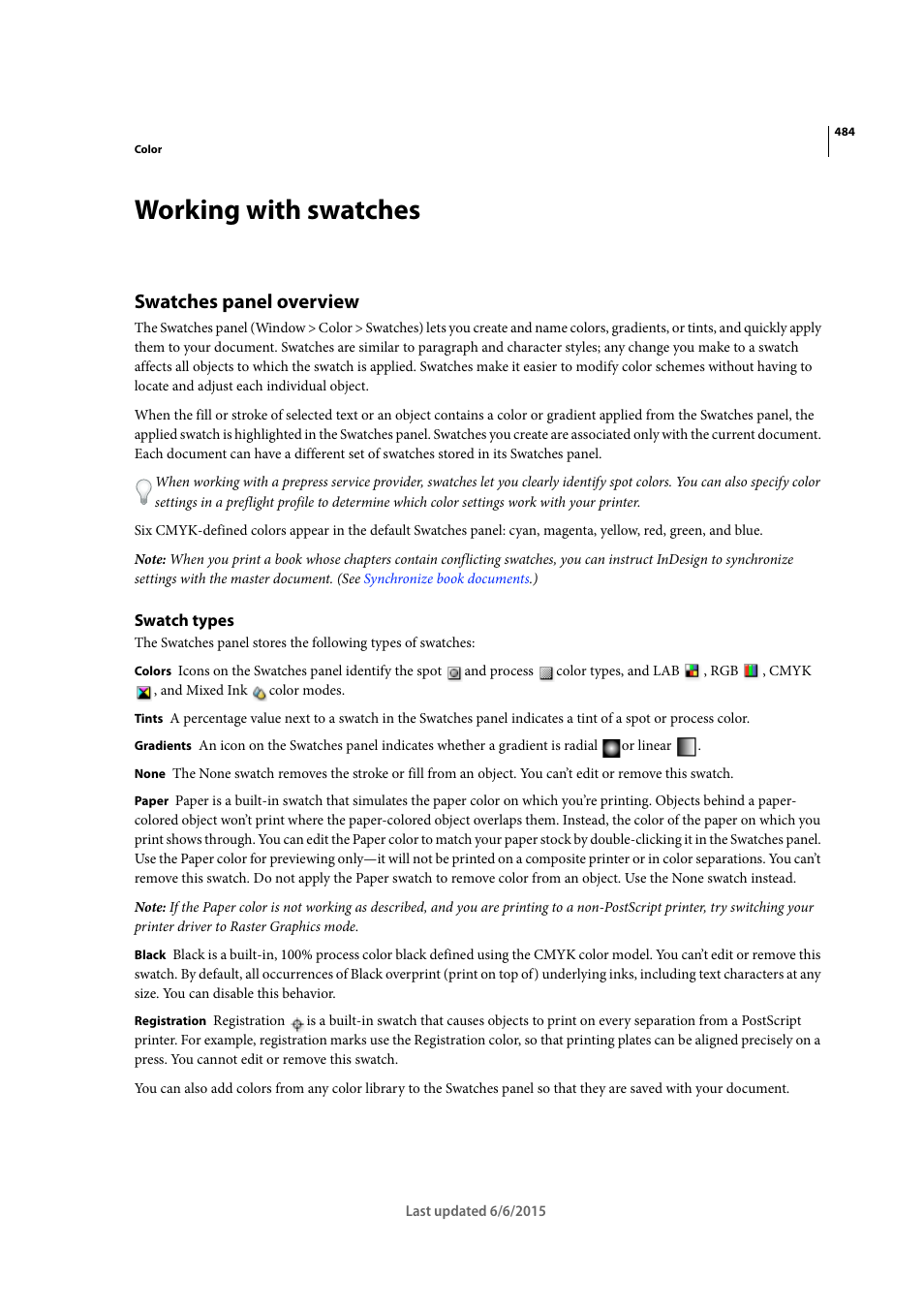 Working with swatches, Swatches panel overview, Swatch types | Adobe InDesign CC 2015 User Manual | Page 489 / 643