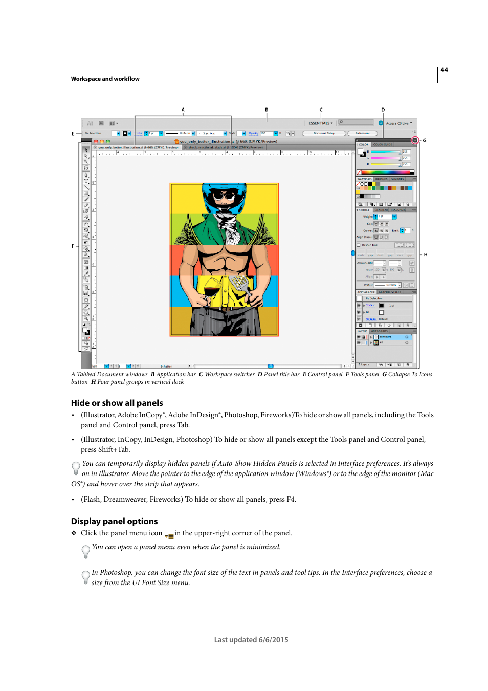 Hide or show all panels, Display panel options | Adobe InDesign CC 2015 User Manual | Page 49 / 643