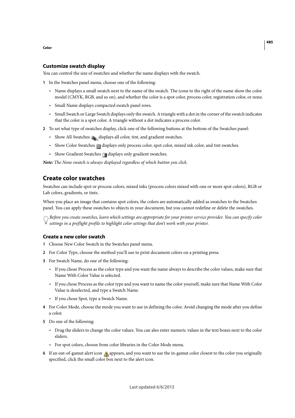 Customize swatch display, Create color swatches, Create a new color swatch | Adobe InDesign CC 2015 User Manual | Page 490 / 643