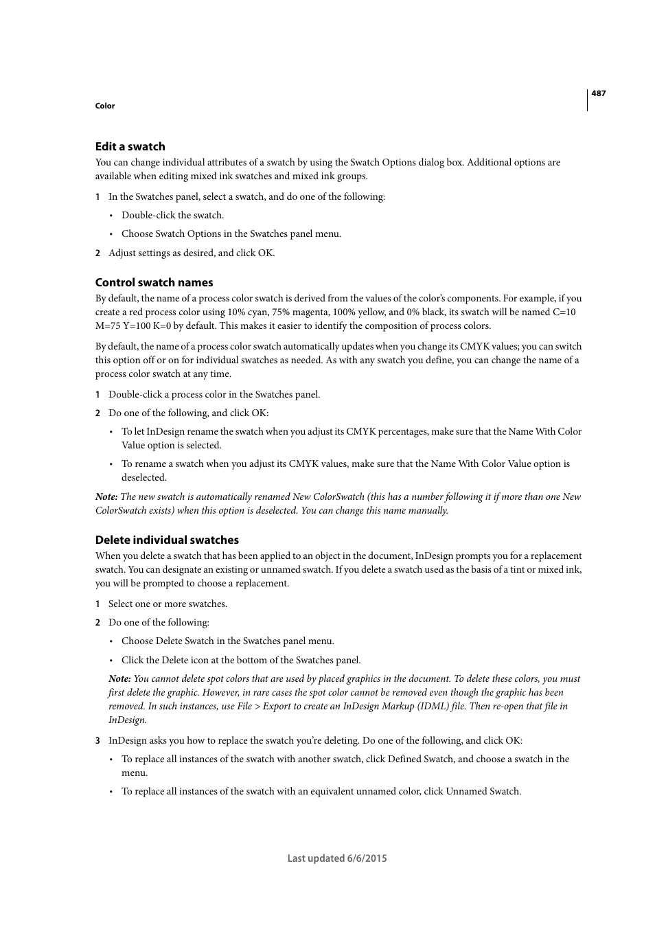 Edit a swatch, Control swatch names, Delete individual swatches | Delete, Individual swatches | Adobe InDesign CC 2015 User Manual | Page 492 / 643