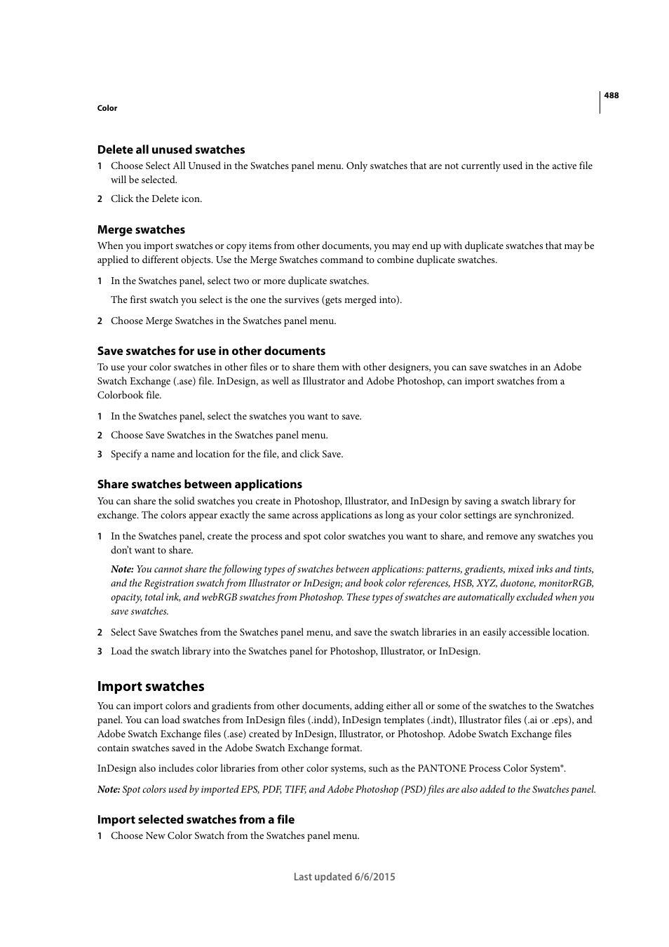 Delete all unused swatches, Merge swatches, Save swatches for use in other documents | Share swatches between applications, Import swatches, Import selected swatches from a file | Adobe InDesign CC 2015 User Manual | Page 493 / 643