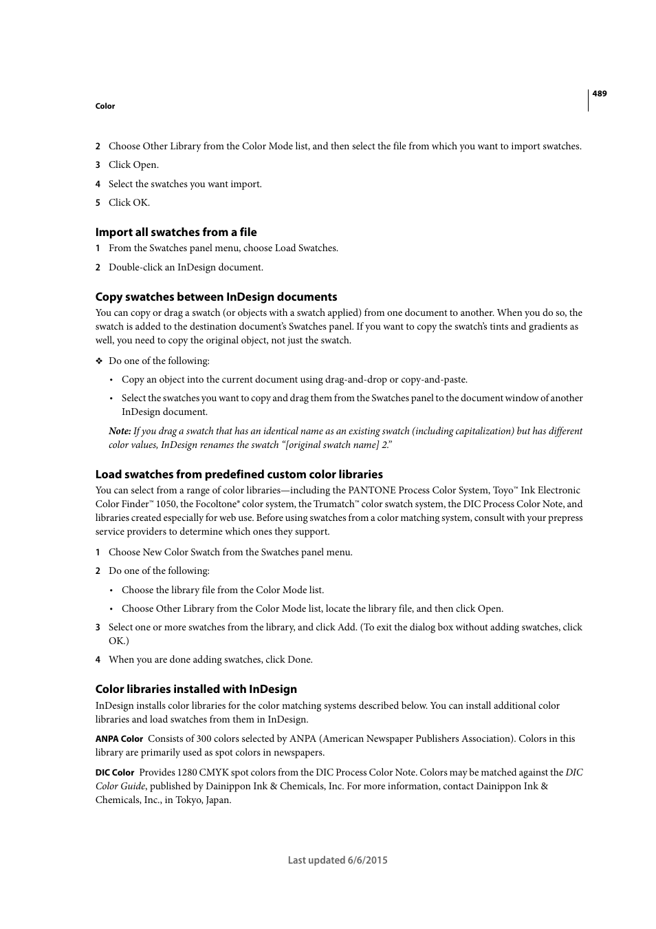 Import all swatches from a file, Copy swatches between indesign documents, Color libraries installed with indesign | Adobe InDesign CC 2015 User Manual | Page 494 / 643