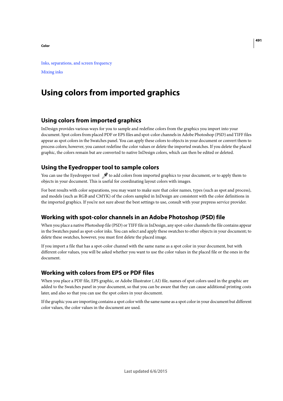 Using colors from imported graphics, Using the eyedropper tool to sample colors, Working with colors from eps or pdf files | Adobe InDesign CC 2015 User Manual | Page 496 / 643