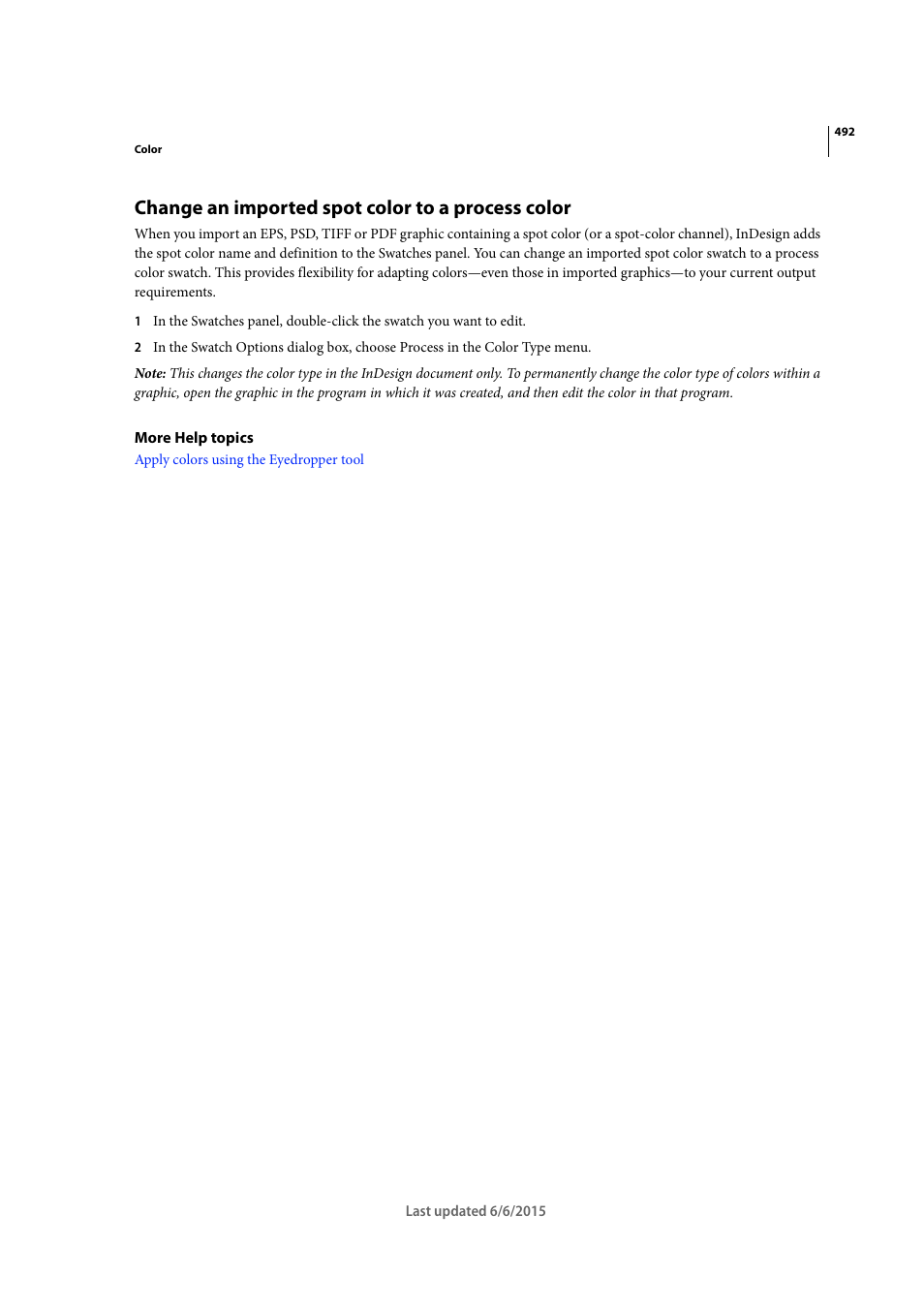 Change an imported spot color to a process color | Adobe InDesign CC 2015 User Manual | Page 497 / 643