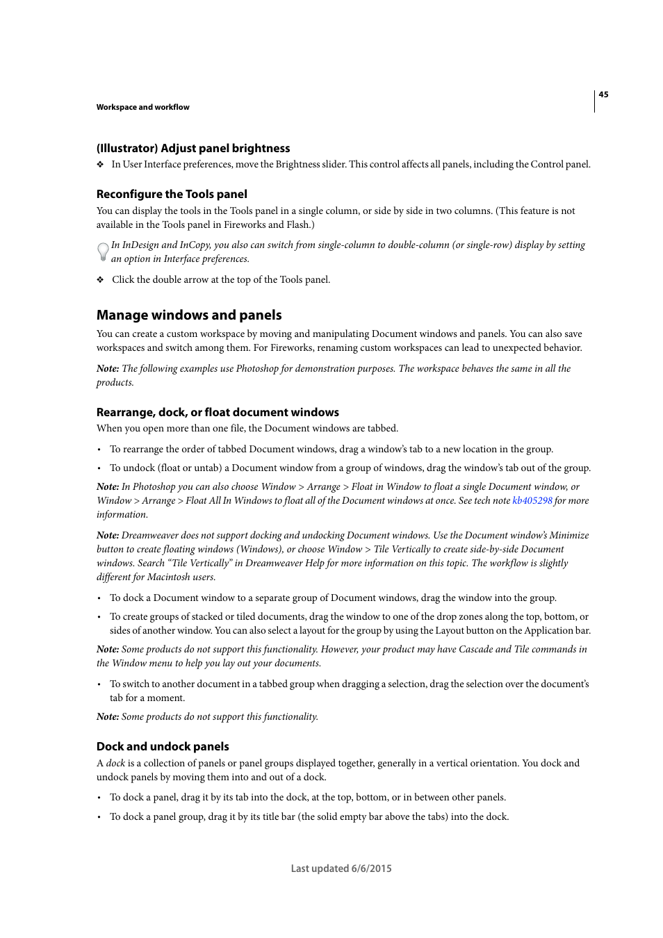 Illustrator) adjust panel brightness, Reconfigure the tools panel, Manage windows and panels | Rearrange, dock, or float document windows, Dock and undock panels | Adobe InDesign CC 2015 User Manual | Page 50 / 643