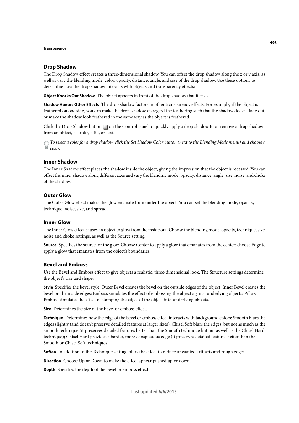 Drop shadow, Inner shadow, Outer glow | Inner glow, Bevel and emboss | Adobe InDesign CC 2015 User Manual | Page 503 / 643
