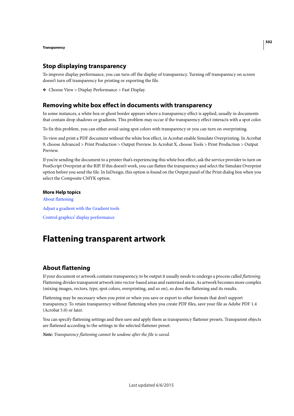 Stop displaying transparency, Flattening transparent artwork, About flattening | Adobe InDesign CC 2015 User Manual | Page 507 / 643