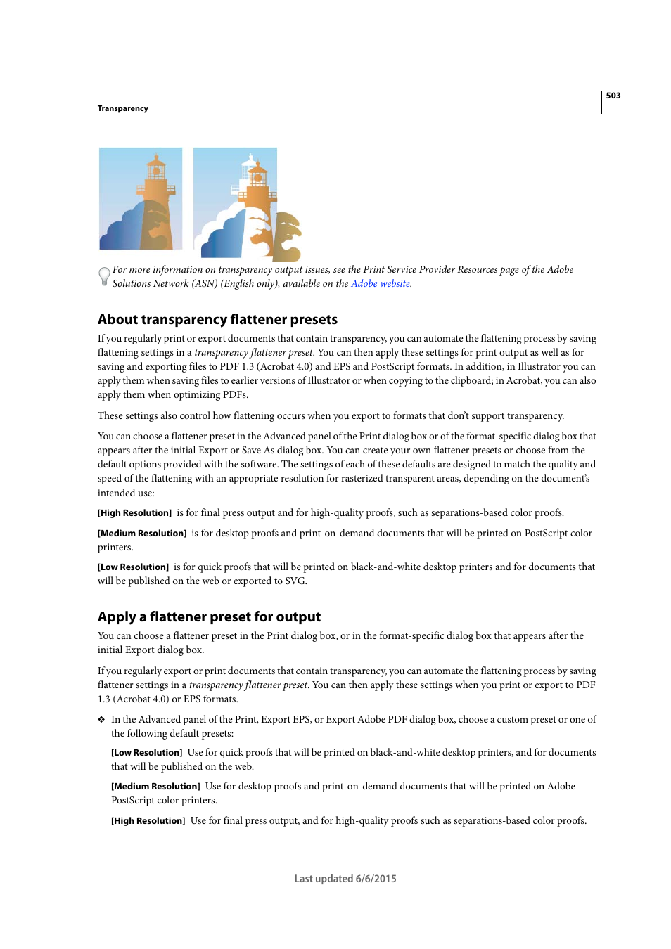 About transparency flattener presets, Apply a flattener preset for output | Adobe InDesign CC 2015 User Manual | Page 508 / 643