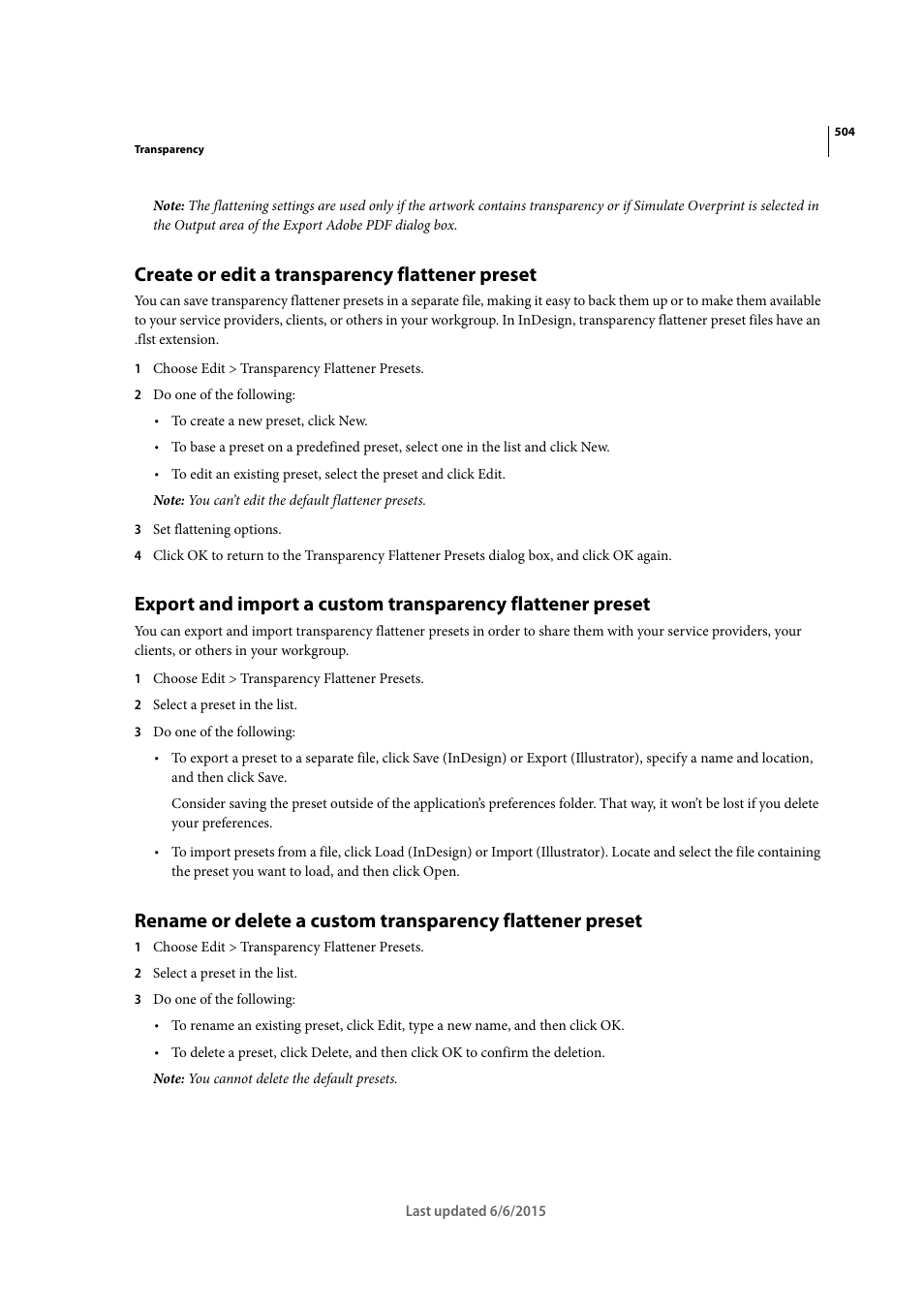 Create or edit a transparency flattener preset | Adobe InDesign CC 2015 User Manual | Page 509 / 643