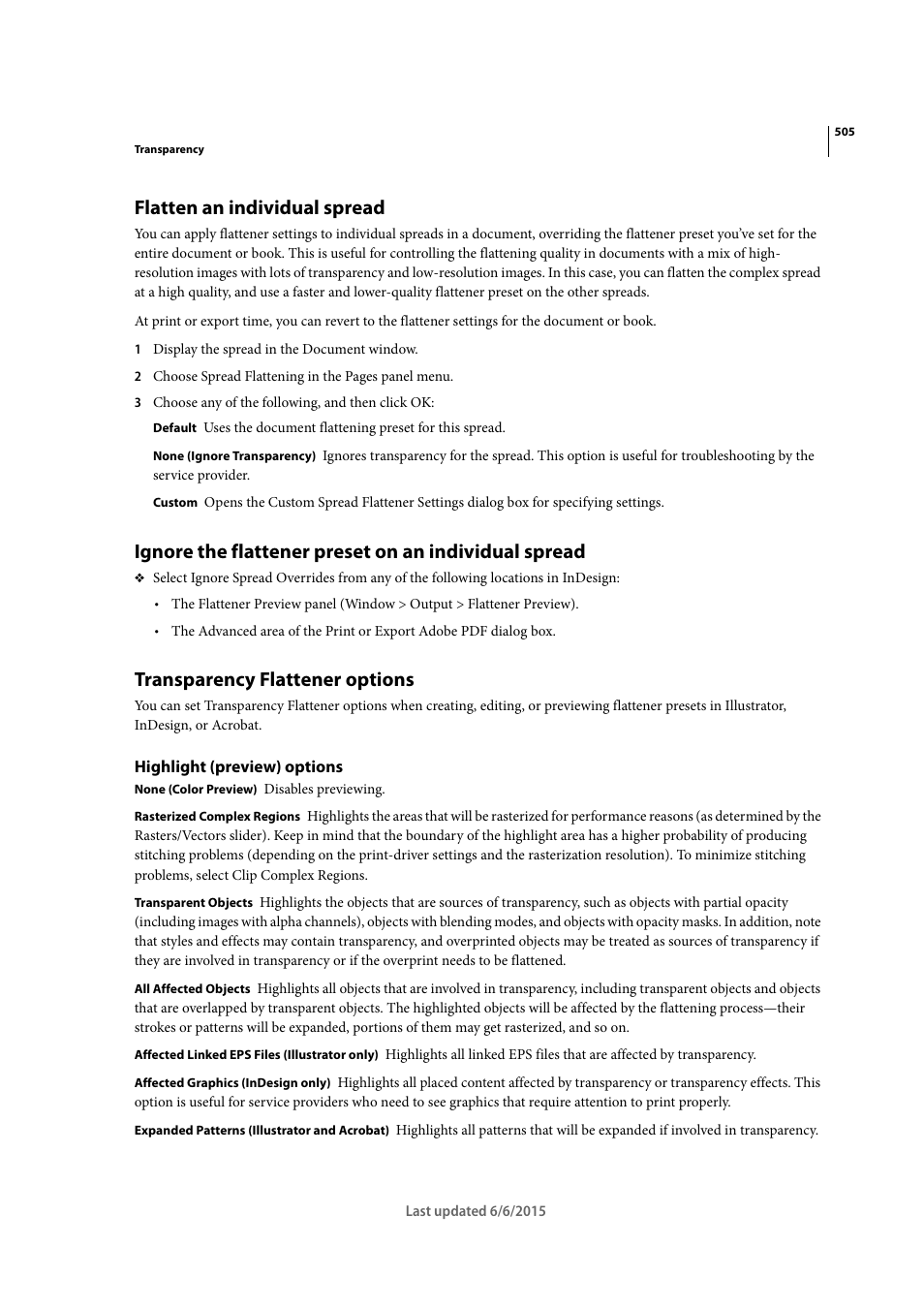 Flatten an individual spread, Transparency flattener options, Highlight (preview) options | Adobe InDesign CC 2015 User Manual | Page 510 / 643