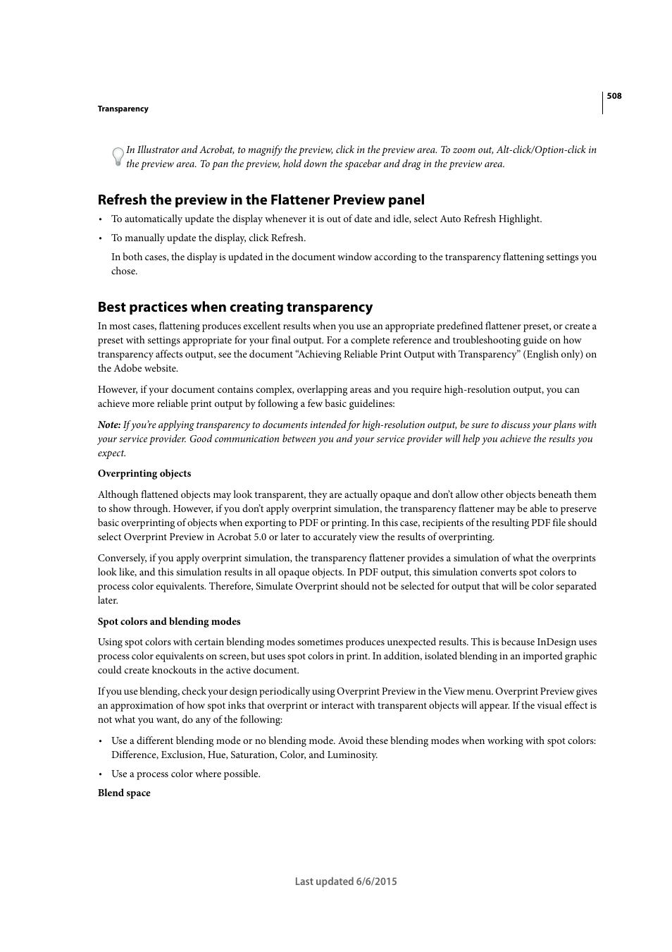 Refresh the preview in the flattener preview panel, Best practices when creating transparency | Adobe InDesign CC 2015 User Manual | Page 513 / 643