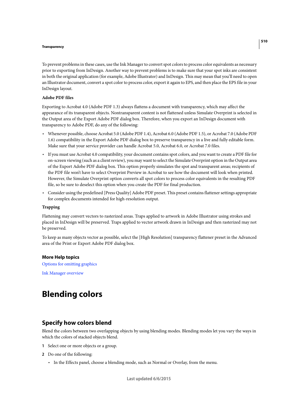 Blending colors, Specify how colors blend | Adobe InDesign CC 2015 User Manual | Page 515 / 643