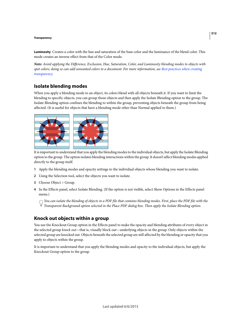 Isolate blending modes, Knock out objects within a group | Adobe InDesign CC 2015 User Manual | Page 517 / 643