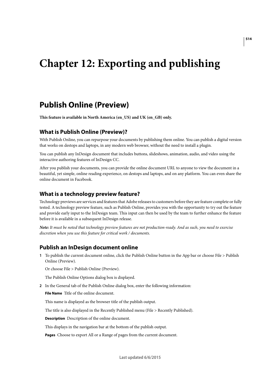 Chapter 12: exporting and publishing, Publish online (preview), What is publish online (preview) | What is a technology preview feature, Publish an indesign document online | Adobe InDesign CC 2015 User Manual | Page 519 / 643