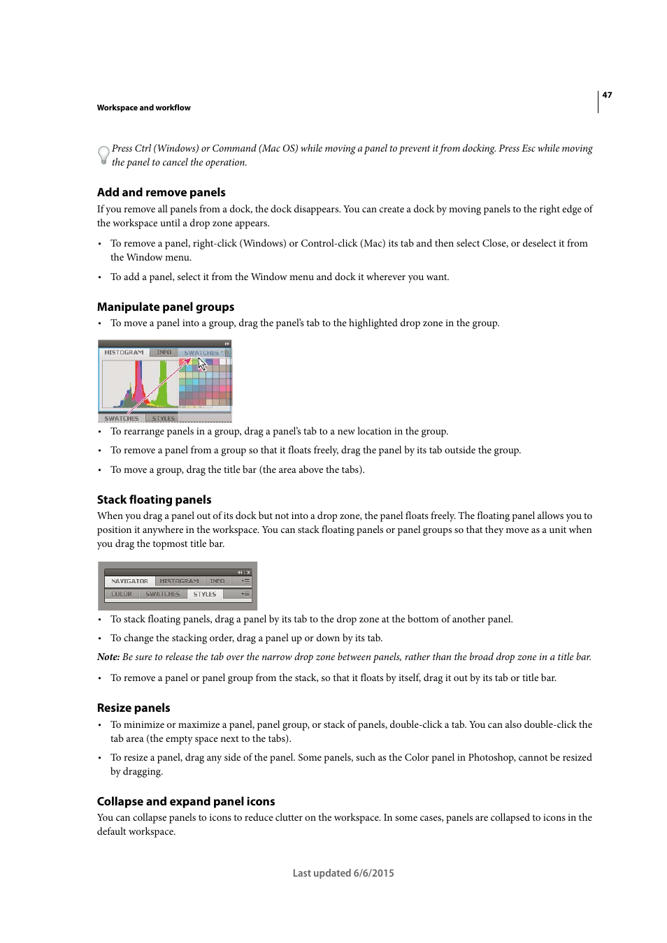 Add and remove panels, Manipulate panel groups, Stack floating panels | Resize panels, Collapse and expand panel icons | Adobe InDesign CC 2015 User Manual | Page 52 / 643