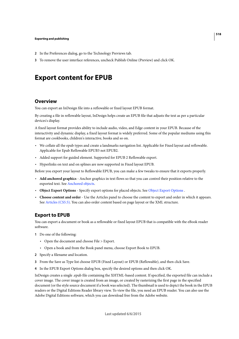 Export content for epub, Overview, Export to epub | Adobe InDesign CC 2015 User Manual | Page 523 / 643