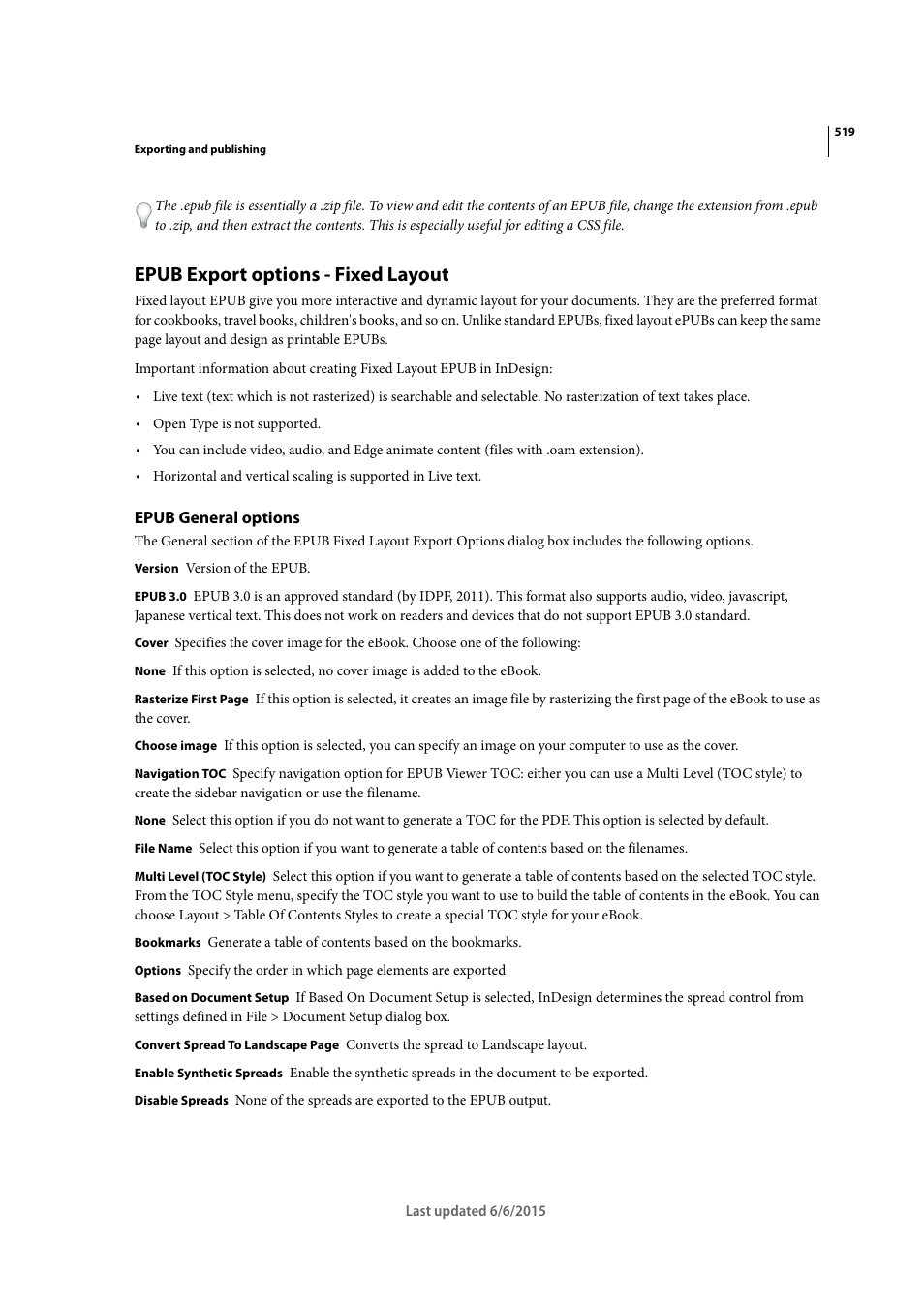 Epub export options - fixed layout, Epub general options | Adobe InDesign CC 2015 User Manual | Page 524 / 643