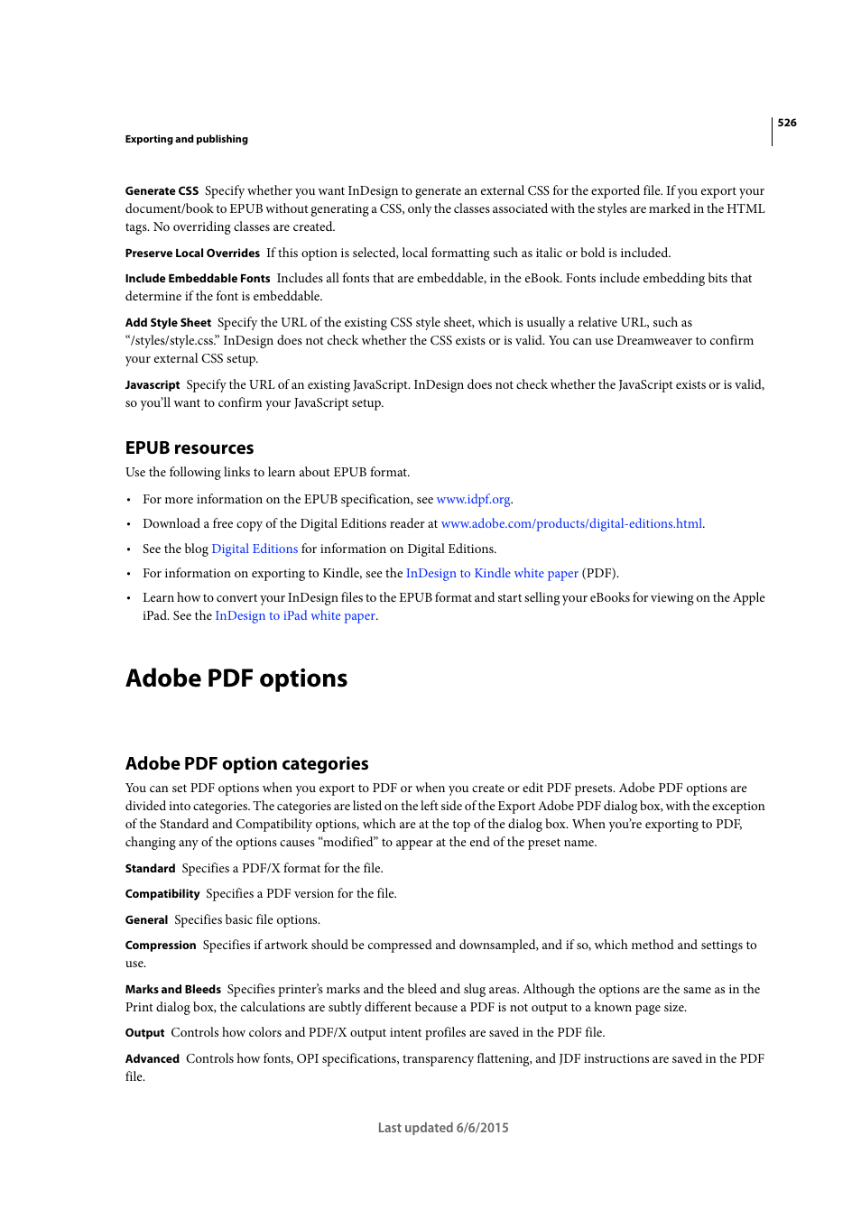 Epub resources, Adobe pdf options, Adobe pdf option categories | Adobe InDesign CC 2015 User Manual | Page 531 / 643