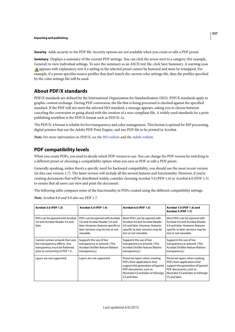 About pdf/x standards, Pdf compatibility levels | Adobe InDesign CC 2015 User Manual | Page 532 / 643