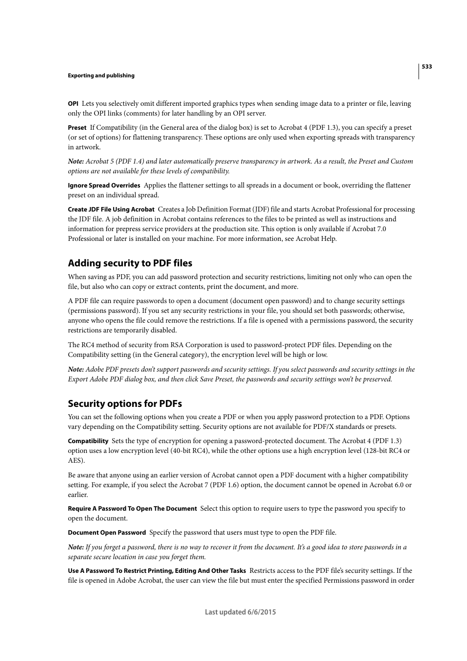 Adding security to pdf files, Security options for pdfs | Adobe InDesign CC 2015 User Manual | Page 538 / 643
