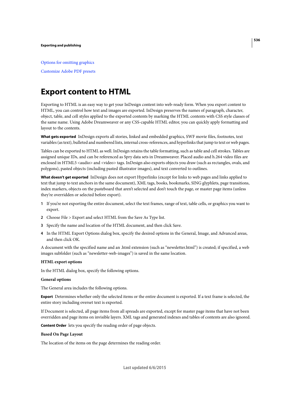 Export content to html | Adobe InDesign CC 2015 User Manual | Page 541 / 643