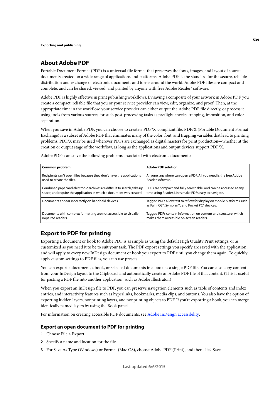 About adobe pdf, Export to pdf for printing, Export an open document to pdf for printing | Adobe InDesign CC 2015 User Manual | Page 544 / 643