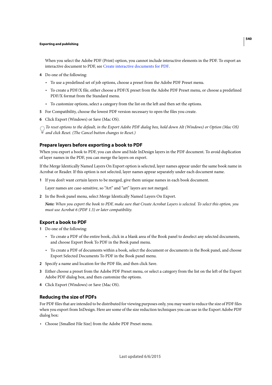 Prepare layers before exporting a book to pdf, Export a book to pdf, Reducing the size of pdfs | Adobe InDesign CC 2015 User Manual | Page 545 / 643