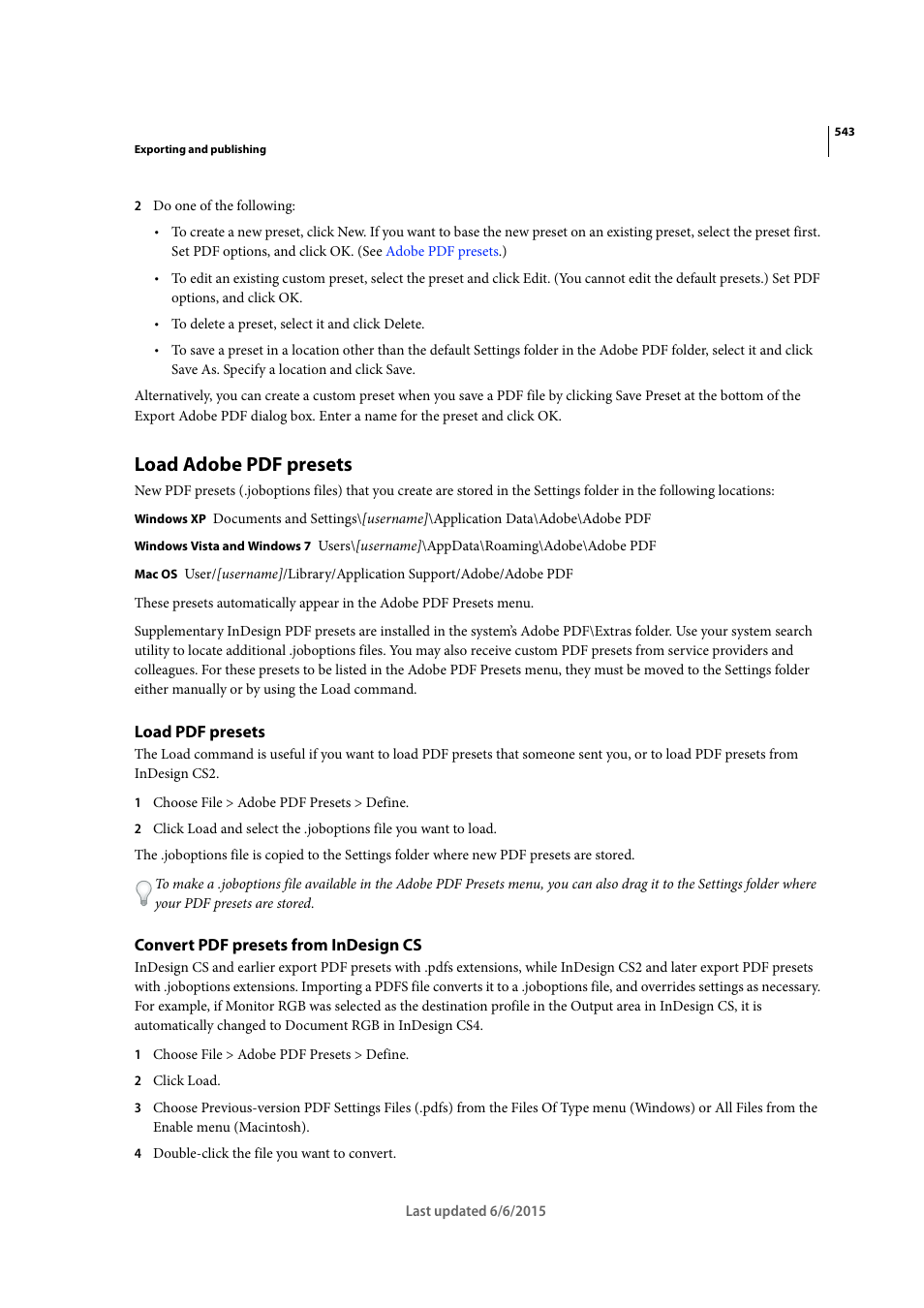 Load adobe pdf presets, Load pdf presets, Convert pdf presets from indesign cs | Adobe InDesign CC 2015 User Manual | Page 548 / 643