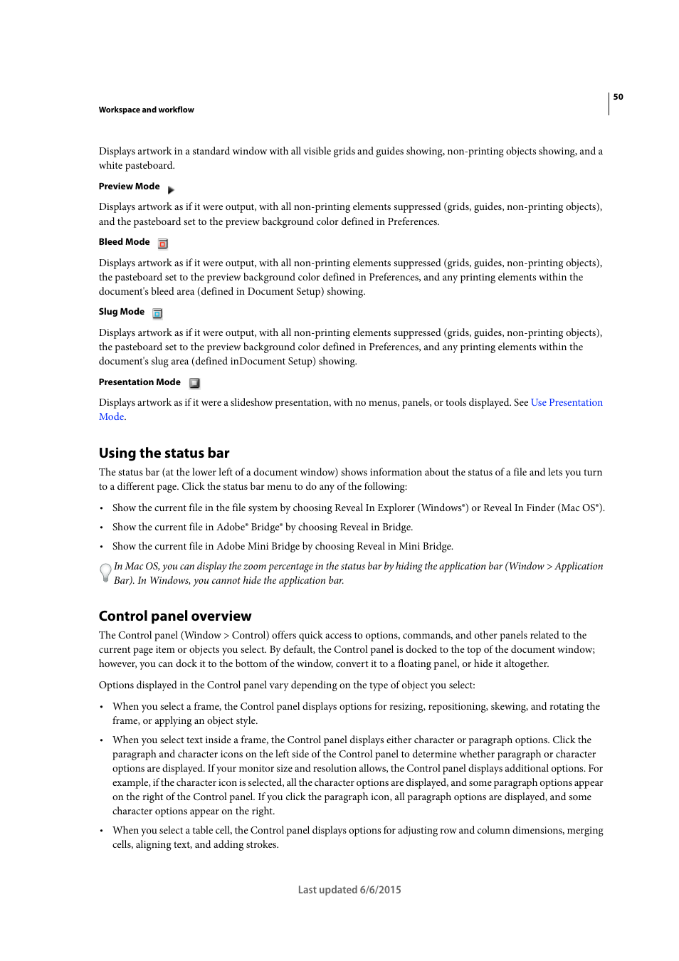 Using the status bar, Control panel overview | Adobe InDesign CC 2015 User Manual | Page 55 / 643