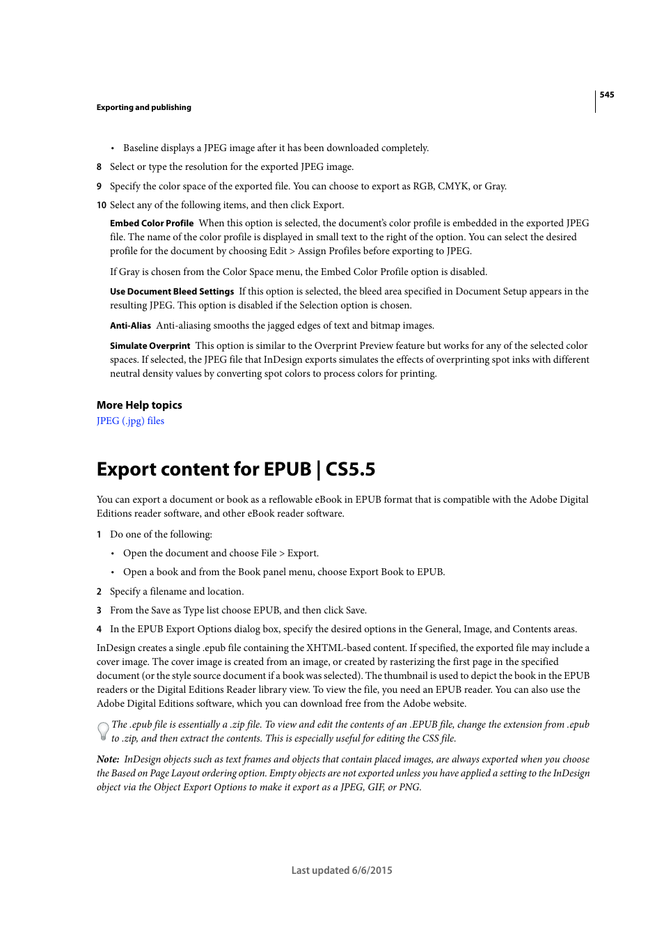 Export content for epub | cs5.5 | Adobe InDesign CC 2015 User Manual | Page 550 / 643