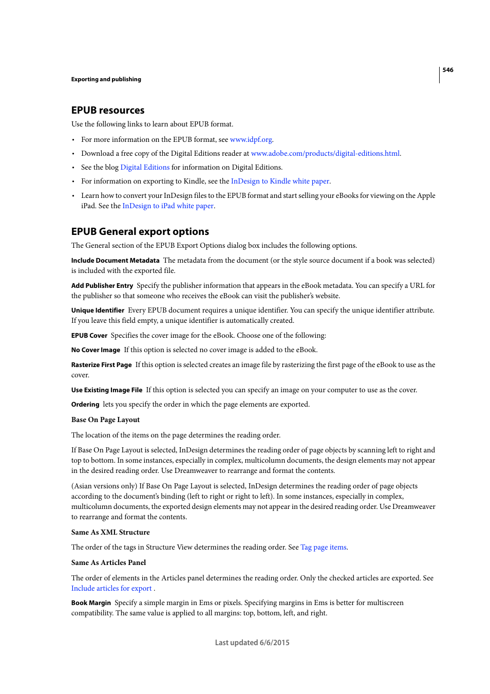 Epub resources, Epub general export options | Adobe InDesign CC 2015 User Manual | Page 551 / 643