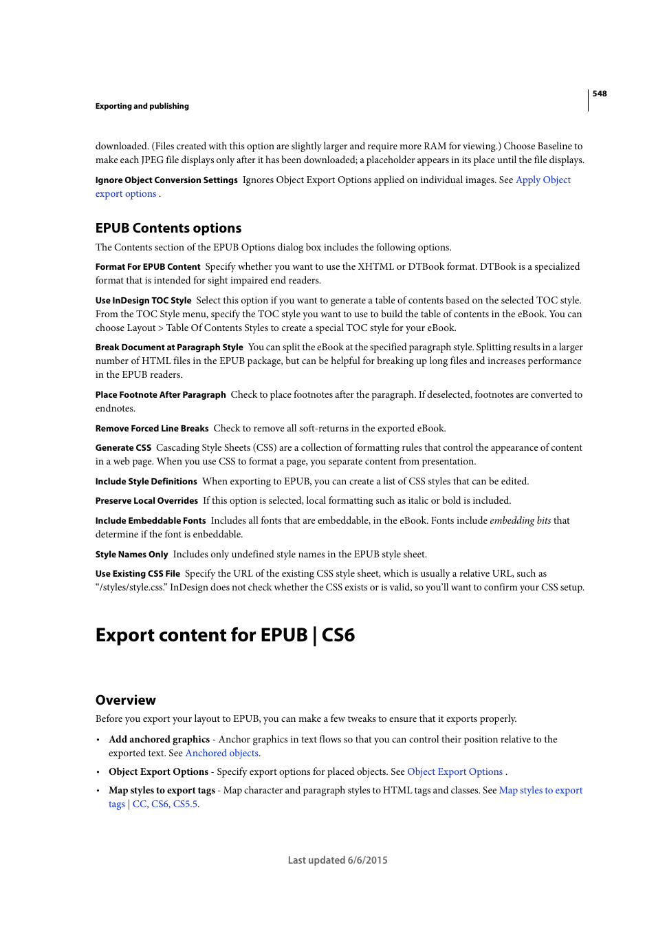 Epub contents options, Export content for epub | cs6, Overview | Adobe InDesign CC 2015 User Manual | Page 553 / 643