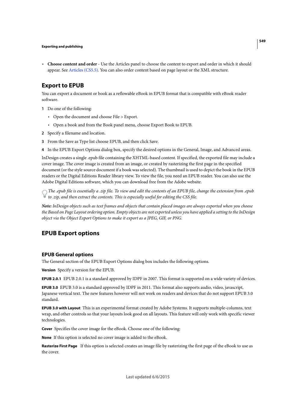 Export to epub, Epub export options, Epub general options | Adobe InDesign CC 2015 User Manual | Page 554 / 643